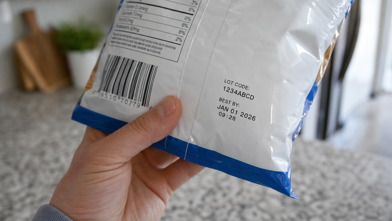 Hand checking the lot code and best-by date on the back of a snack food bag