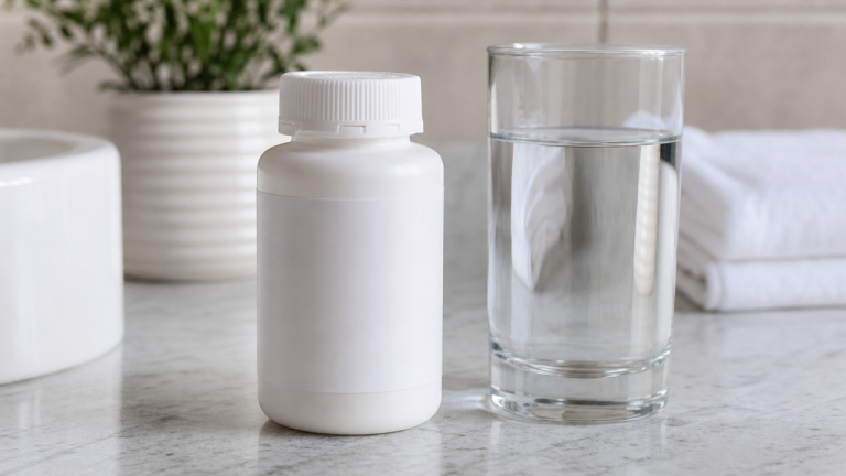 Generic white pill bottle with child-safety cap on a bathroom counter, representing the recalled Amazon Basic Care acetaminophen
