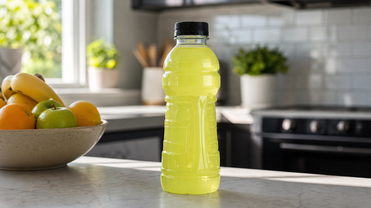 A sports drink bottle on a kitchen counter. Gatorade is recalled in 37 states over undeclared yellow food dyes. Generic unbranded sports drink bottle with yellow-green liquid on a kitchen counter, representing the recalled Gatorade product