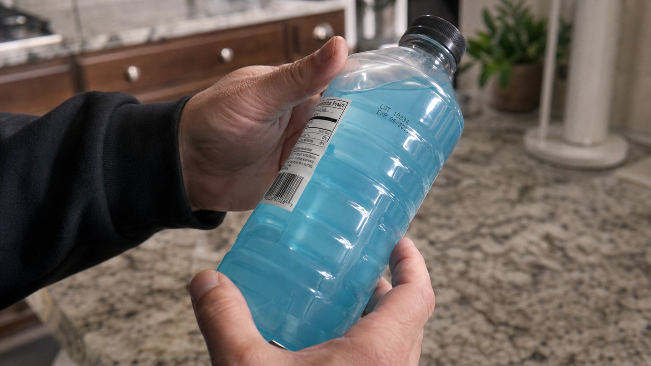 Always check the lot code on your bottle against the official recall notice before drinking a recalled product. Person checking the lot code and label on a sports drink bottle in a home kitchen