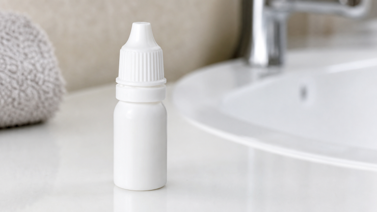 Generic unbranded eye drop bottle on a bathroom counter, representing recalled over-the-counter eye drop products