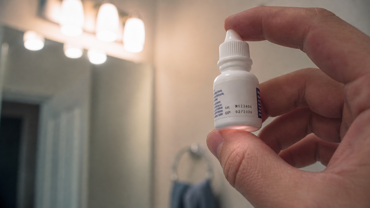 Check the lot number on your eye drop bottle against the official recall notice before using it again. Person checking the lot number printed on an eye drop bottle before use