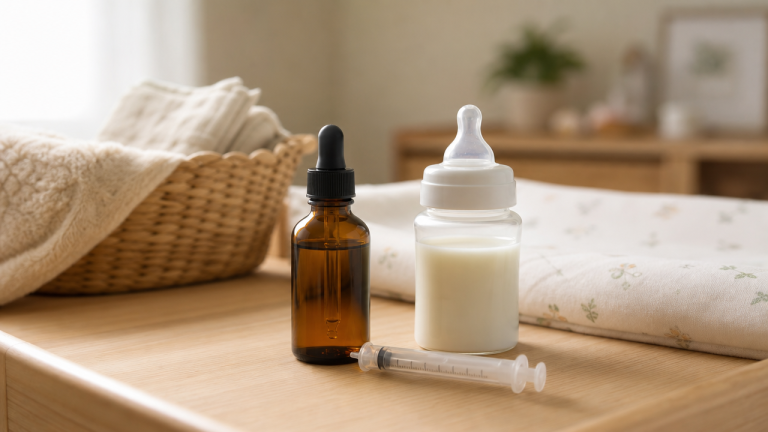 Baby gripe water bottle recalled for undeclared alcohol content, shown on a nursery changing table