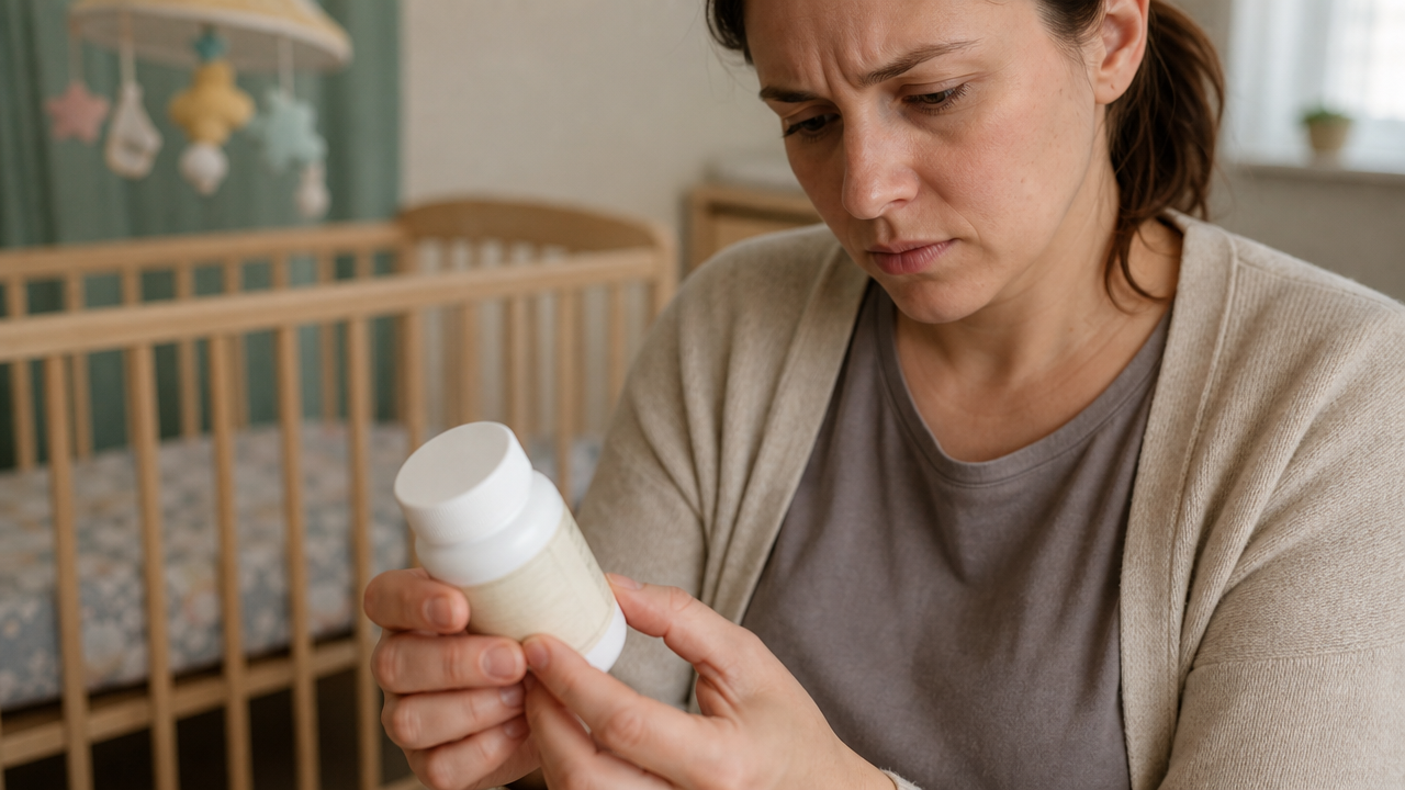 Parent checking the lot number on a recalled baby sleep supplement bottle label
