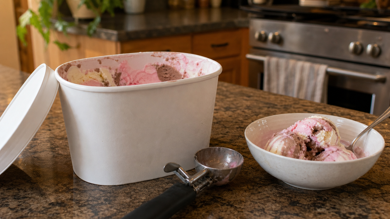 Half-gallon ice cream carton open on a kitchen counter next to a bowl of melting ice cream
