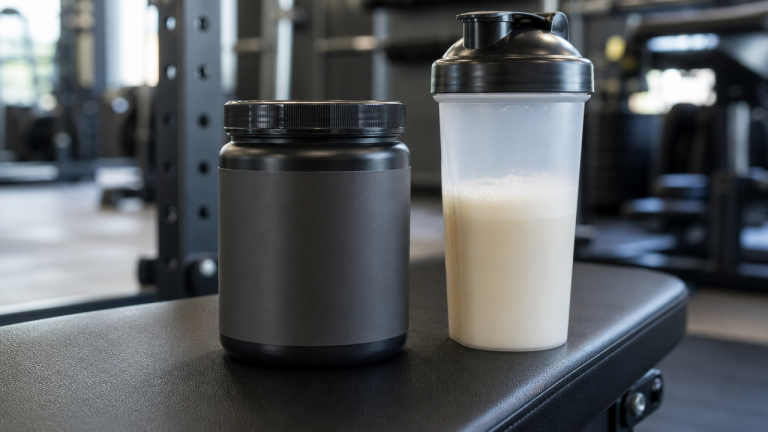 Pre-workout supplement tub recalled for undeclared DMAA stimulant, shown on a gym bench