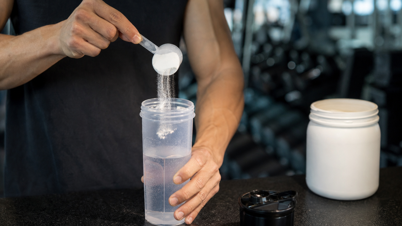Pre-workout powder poured into a gym shaker bottle, product recalled for hidden DMAA stimulant
