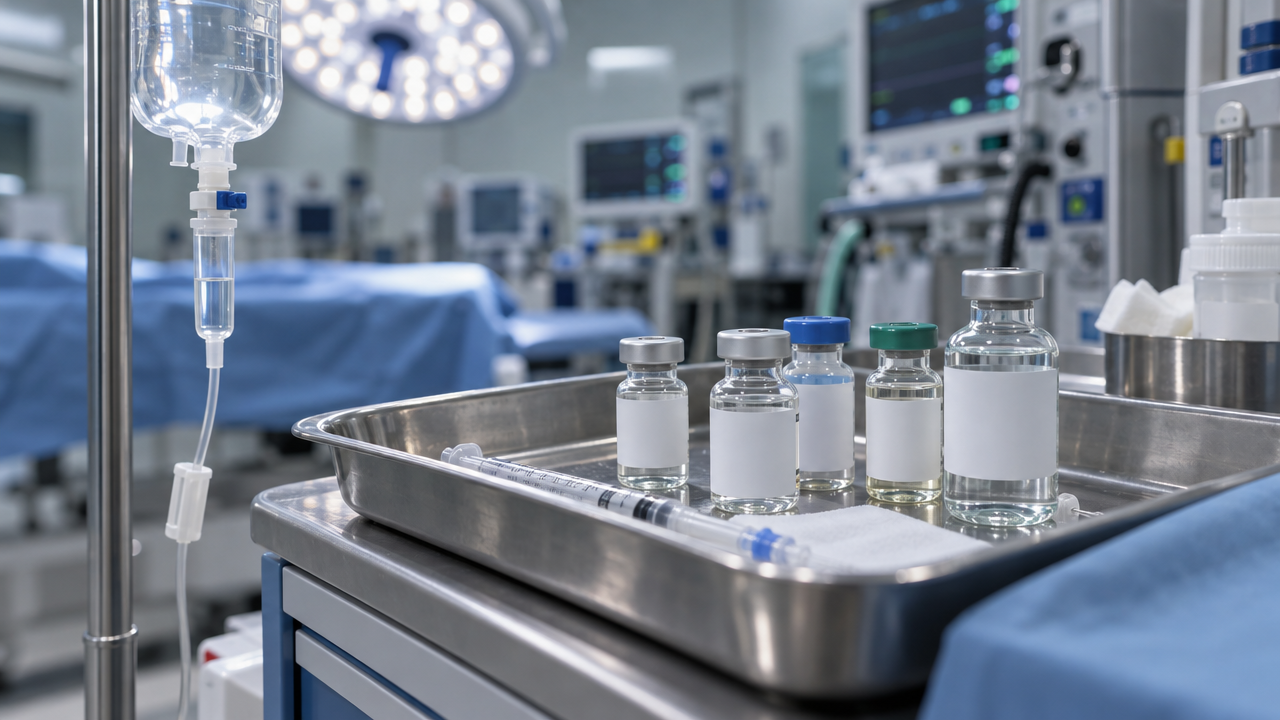 Generic anesthesia medication vials in a hospital tray next to an IV line, representing a hospital anesthesia drug recall