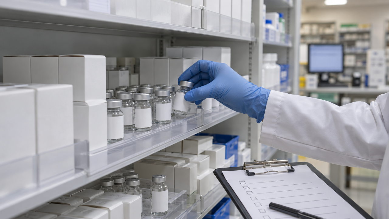 Hospital pharmacist checking medication vials on a shelf during an inventory review