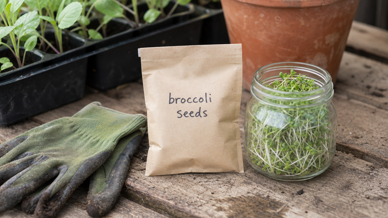 Small seed packet next to a jar of sprouting broccoli seeds and gardening gloves on a wooden potting bench