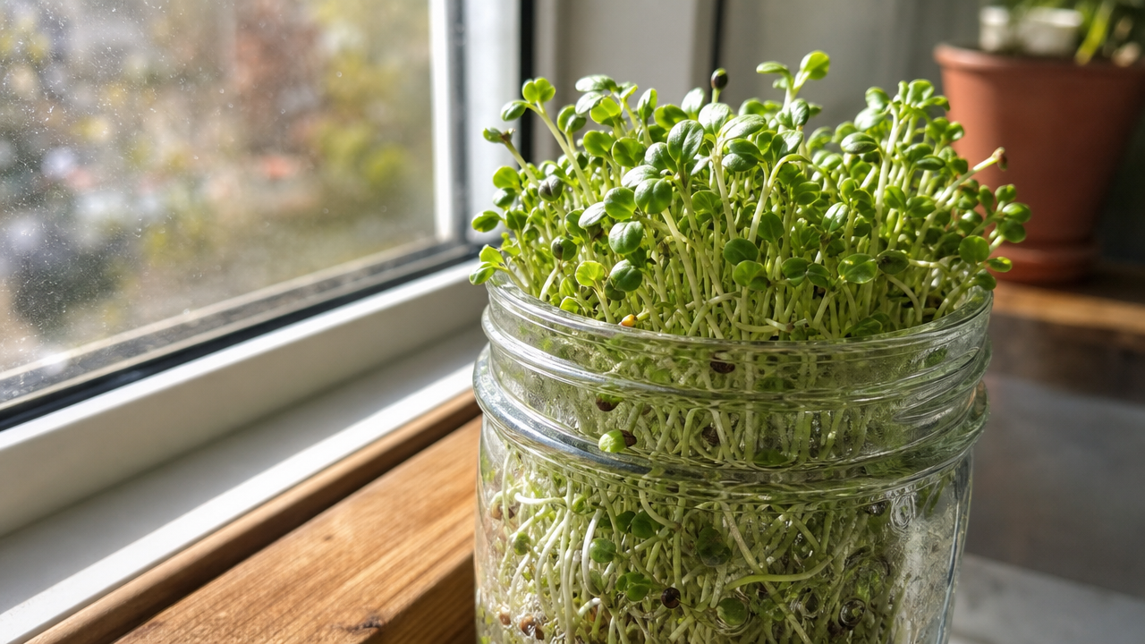 Fresh broccoli sprouts growing in a glass jar on a sunny windowsill