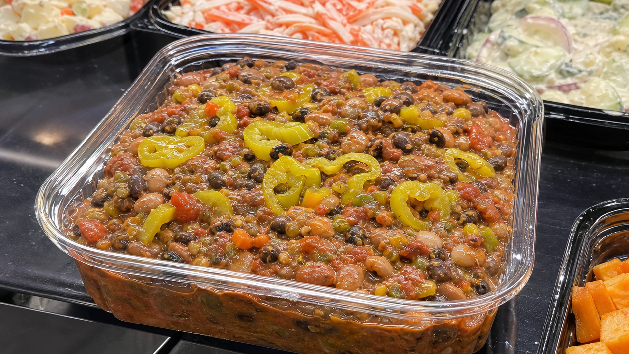 Clear deli tray of salsa bean dip with peperoncini peppers on top