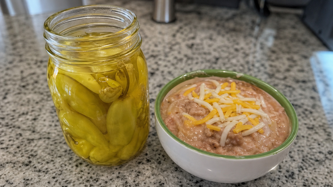 Jar of pickled peperoncini peppers next to a bowl of bean dip