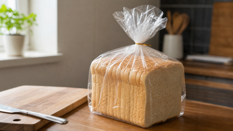 Generic sliced white bread loaf in a plastic bag on a wooden kitchen counter, representing the recalled Nature's Own Hawaiian Bread