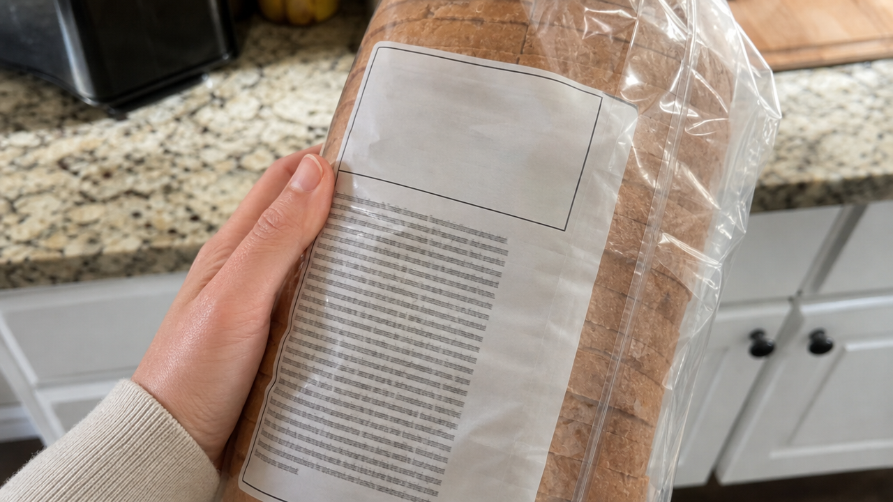 Person checking the ingredient label on a bread bag for allergens in a home kitchen