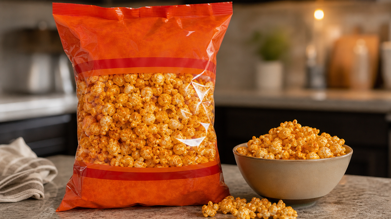 Bag of spicy cheddar cheese popcorn on a kitchen counter next to a bowl of popcorn