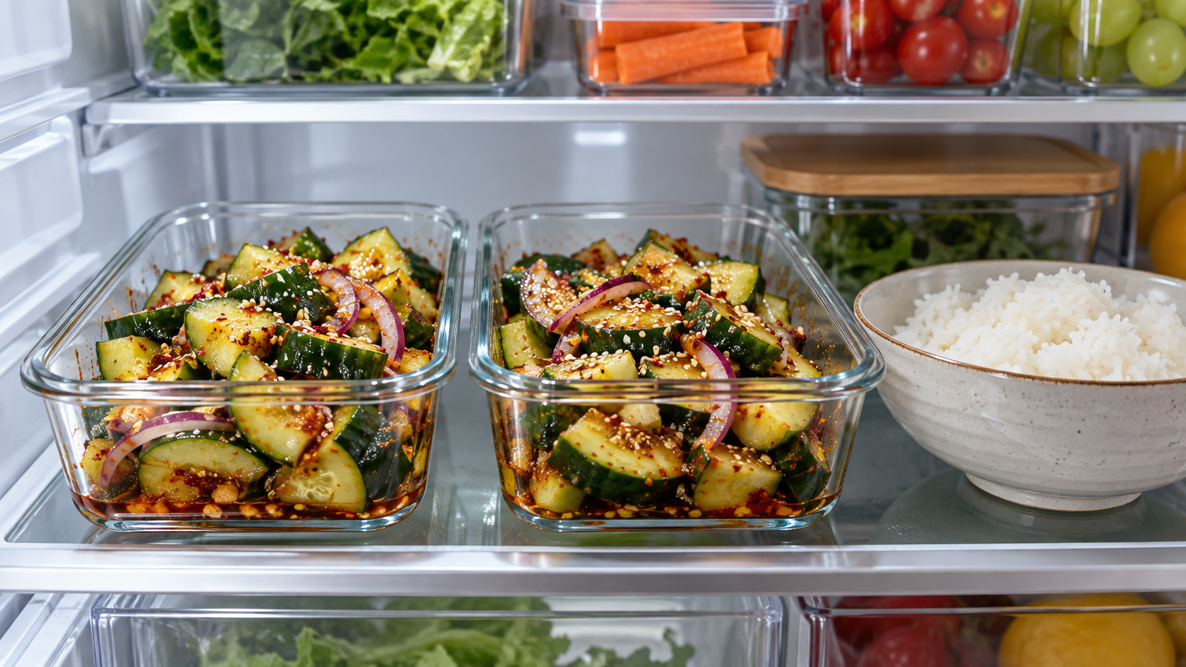 Spicy cucumber salad stored in glass meal prep containers in the fridge