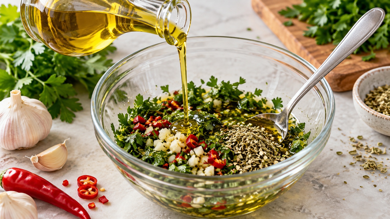 Pouring olive oil into chopped herbs to make chimichurri sauce